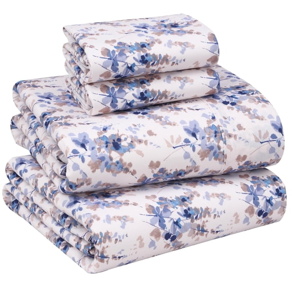 RUVANTI 100% Cotton Sheets – Queen Size Percale Bedding, Cooling & Breathable Floral Design, Durable with a Crisp, Soft & Comfortable Feel, 16" Deep Pocket, 4-Piece Set, Maple
