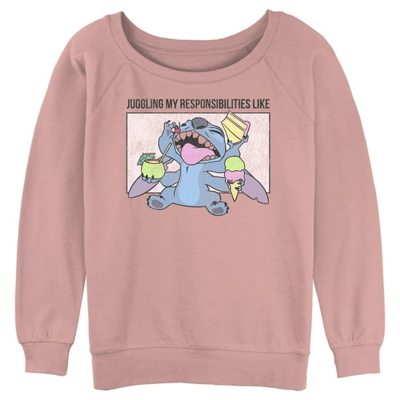 Junior's Lilo & Stitch Juggling my Responsibilities Like Sweatshirt Desert Pink Small