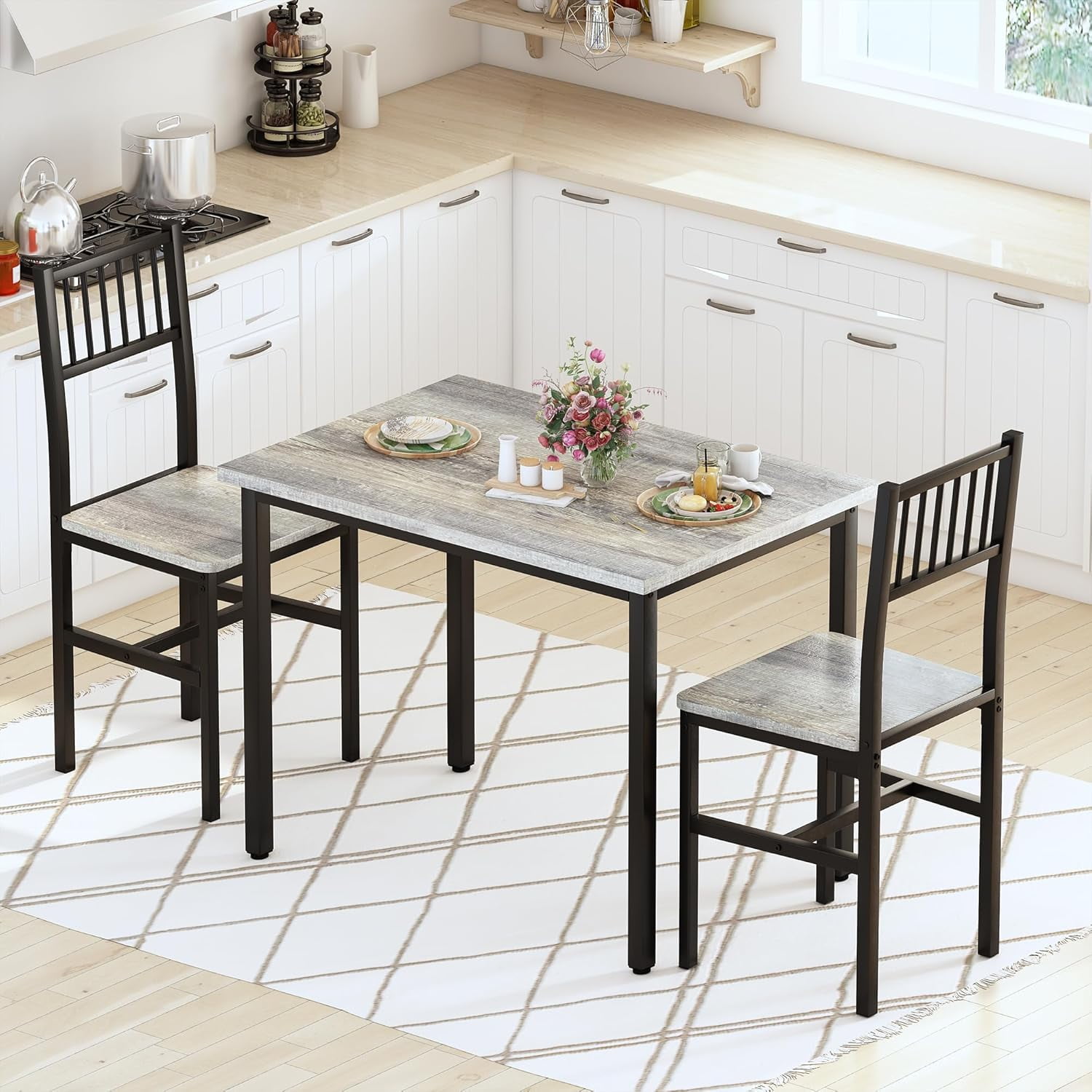 LinkRomat Small Dining Table Set for 2, Industrial Sturdy Dinette, Space-Saving Kitchen Table Set for Apartment, Living Room, Grey