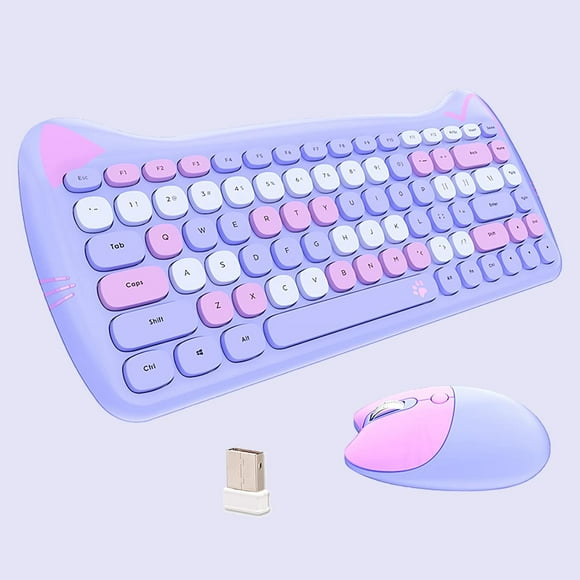 ERDS-Cute Cat Keyboard and Mouse Combo Wireless, Kawaii Keyboard and Mouse for Girls and Kids, Soundless Colorful Keys, Compatible with Notebook, PC (Purple-84Keys)