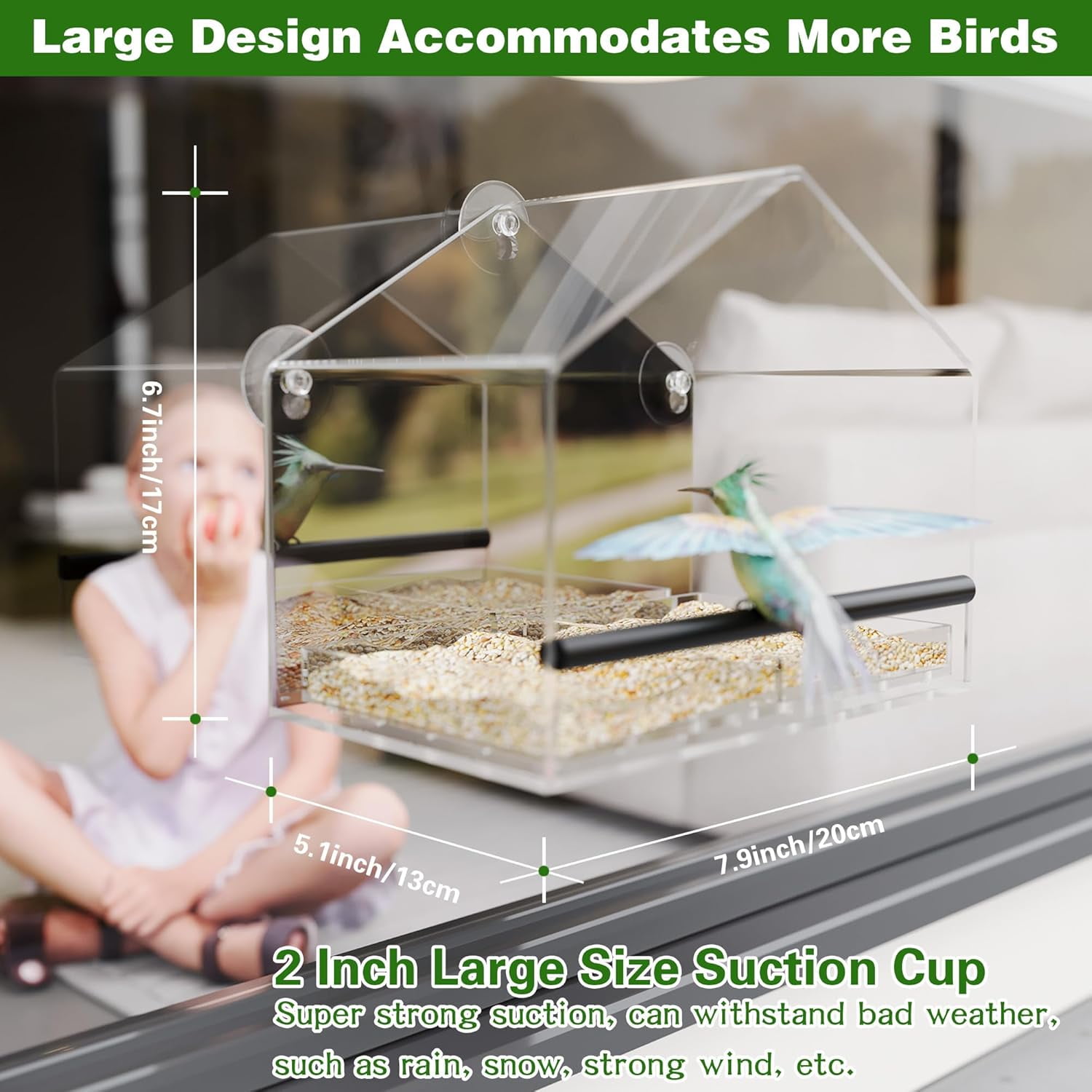 One Way Window Bird Feeder for Outside with Strong Suction Cups, Clear Acrylic Wild Bird House for Cats Viewing, Large Transparent Window Mount Birdfeeder for Bird Lovers Gift