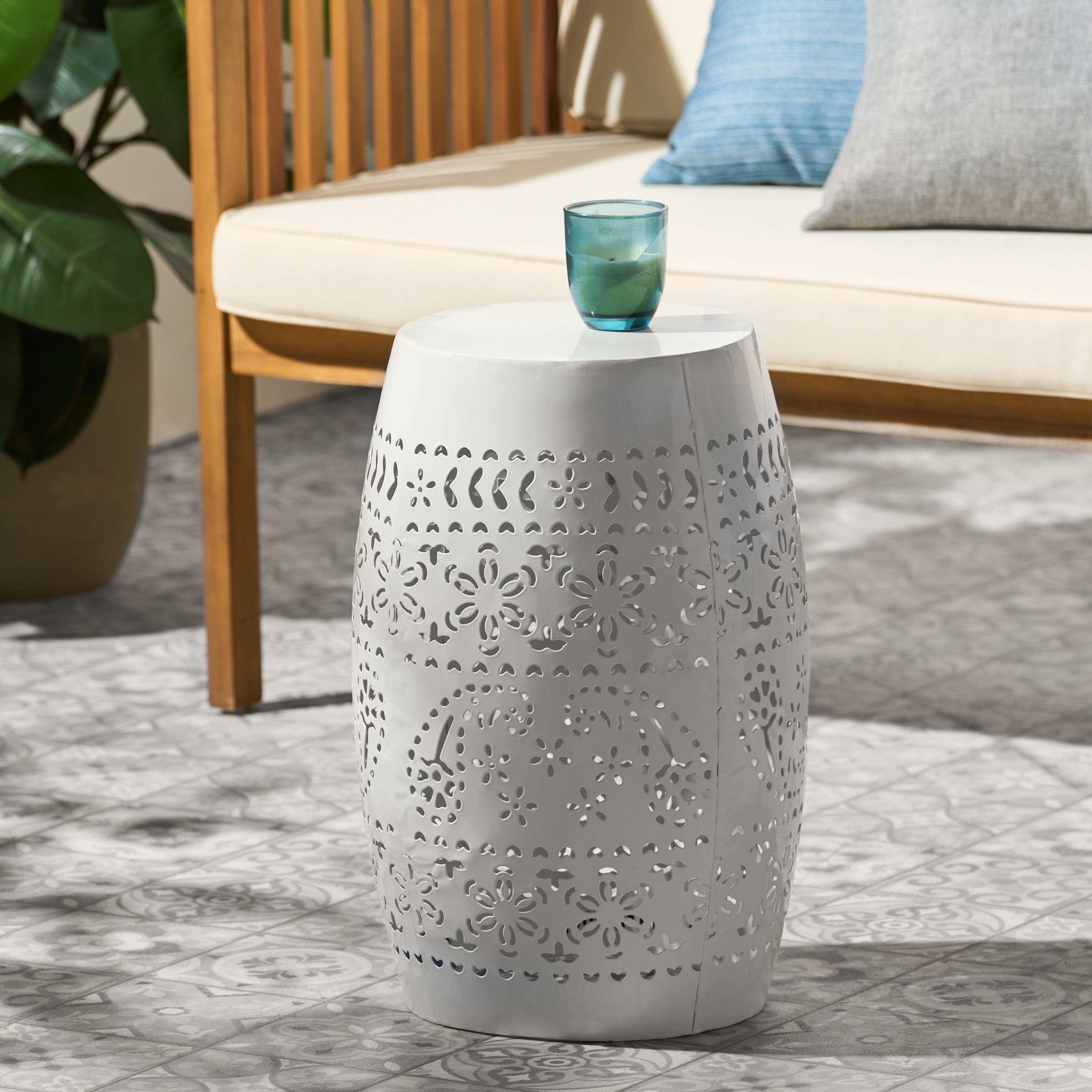 Lace Cut Metal Side Table, Outdoor End Table for Patio Balcony Garden, White