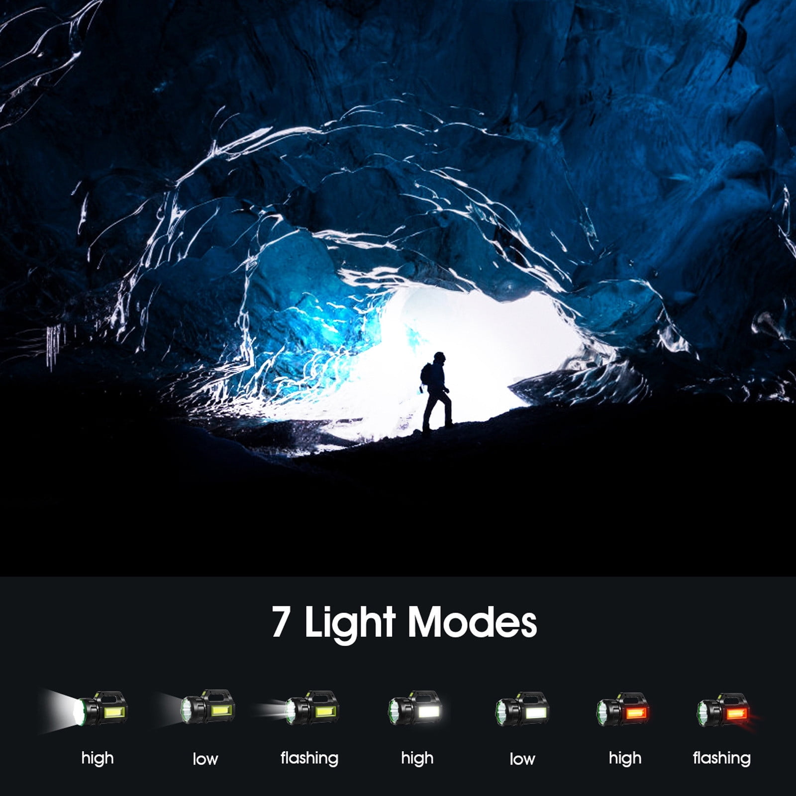 Pklyzj LED Searchlight LED Lantern,Solar Rechargeable Super Bright 10000LM Handheld LED Flashlight , Multifunctional LED Camping Lamp Work Lights,7 Light Modes,IPX4 Waterproof, for Emergency