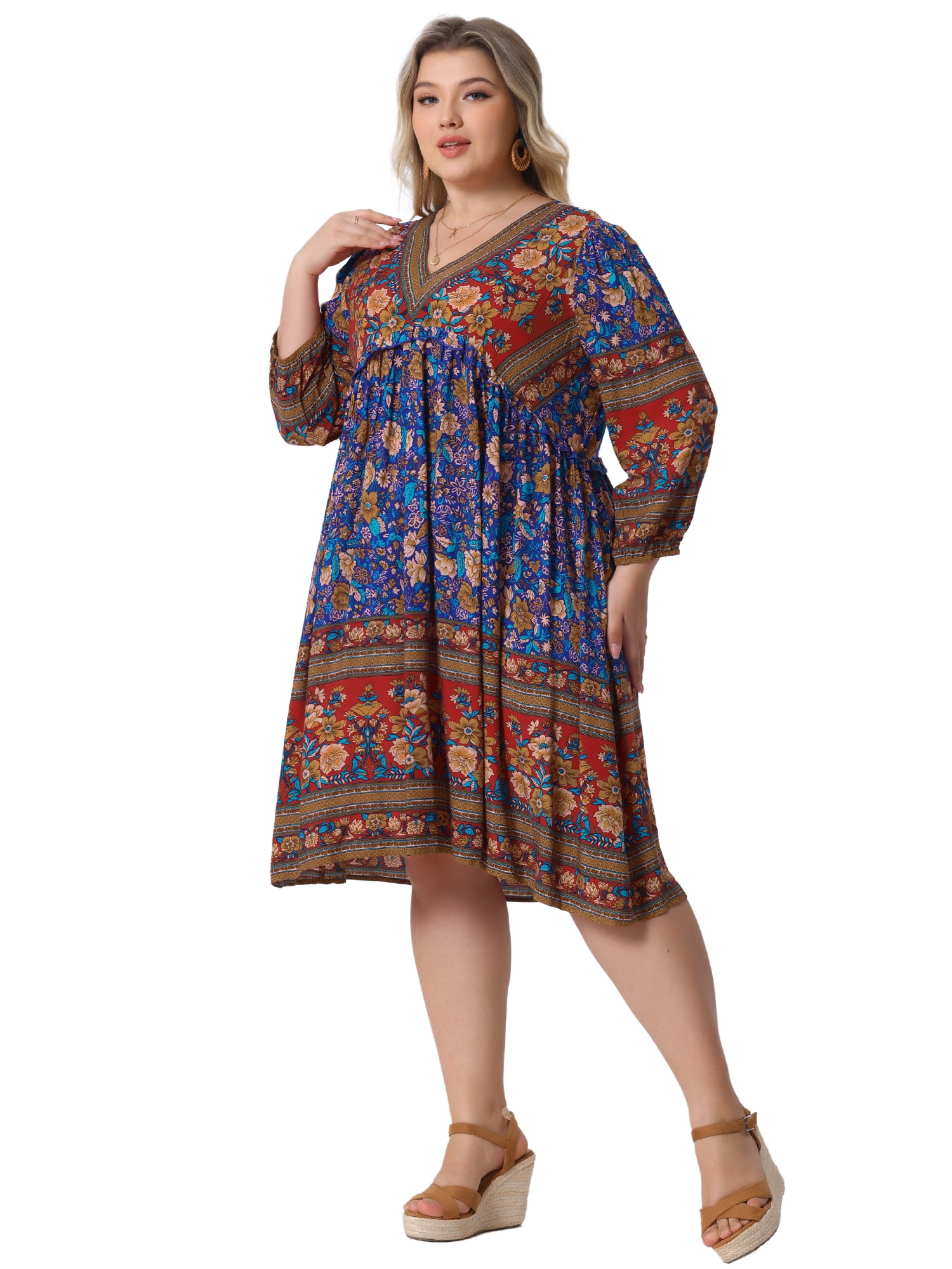 DARING DIVA Women's Plus Size Casual Boho Floral V Neck 3/4 Sleeve Dress 2X Red Blue
