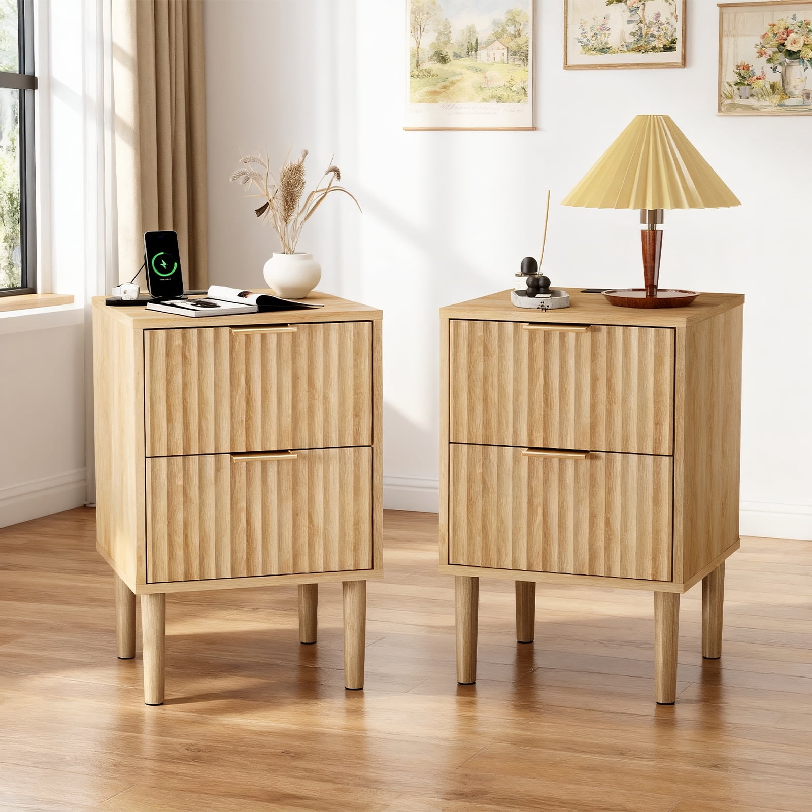 Zimtown Set of 1 Wood Nightstand with Charging Station, End Table Wooden Bedside Table Large Capacity Easy to Assemble