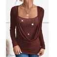 thumbnail image 3 of YYDGH Women's Draped Cowl Neck Ruched Front Tops Rhinestone Sparkly Long Sleeve Blouses Dressy Causal Slim Fitted Shirts Wine L, 3 of 7