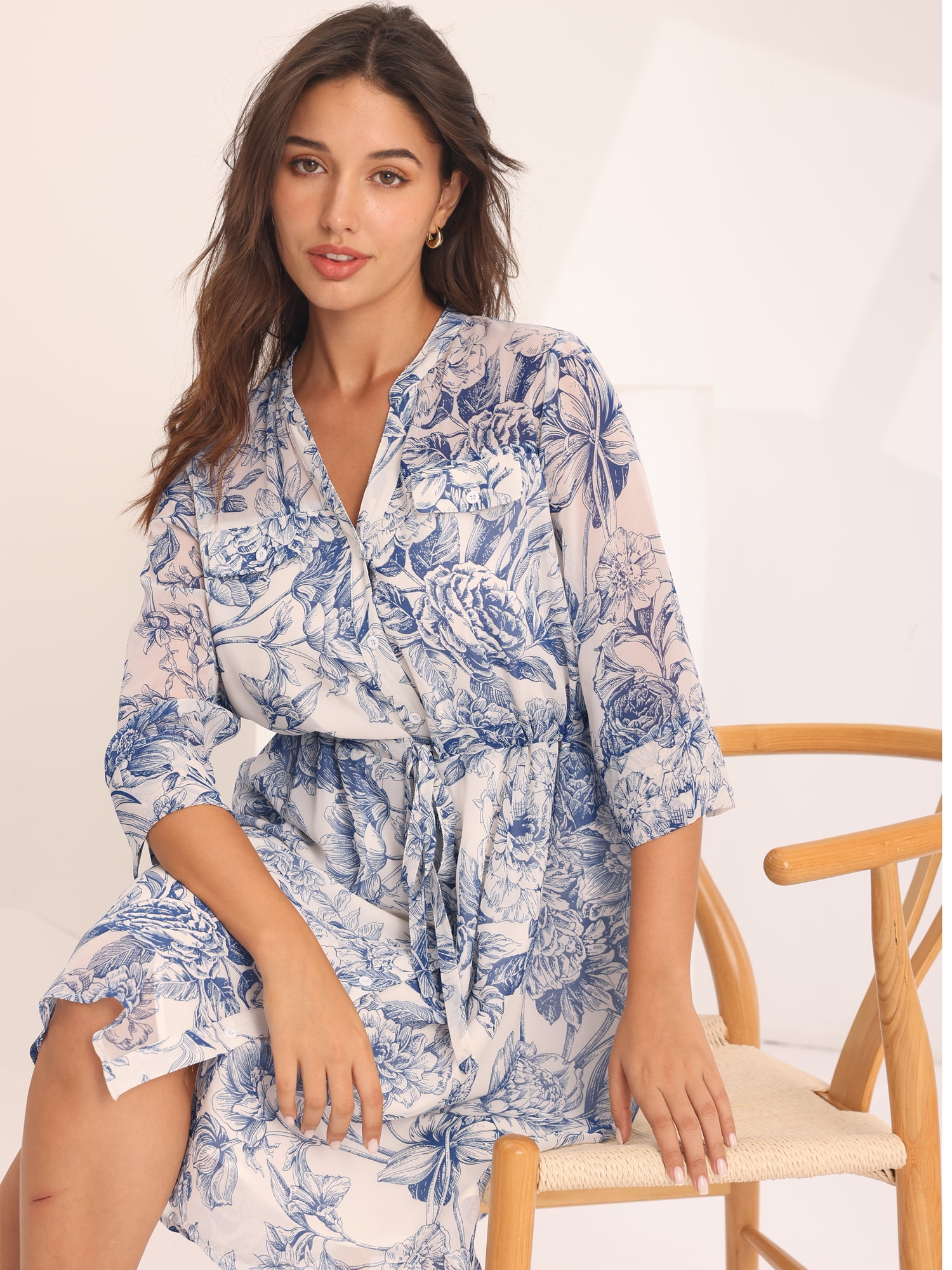 Unique Bargains Women's Floral Chiffon Half Sleeve Button Down Flare Dresses XL White