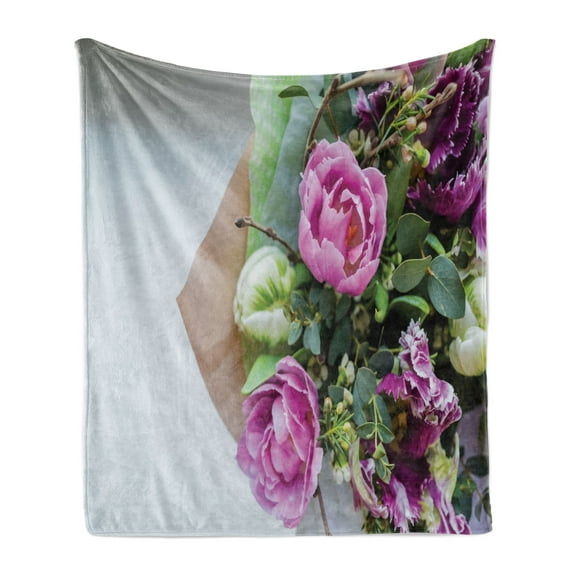 Peony Soft Flannel Fleece Throw Blanket, Romantic Photo of Colorful Blossom Mix Floral Bouquet, Cozy Plush for Indoor and Outdoor Use, 50" x 60", Lilac Multicolor, by Ambesonne