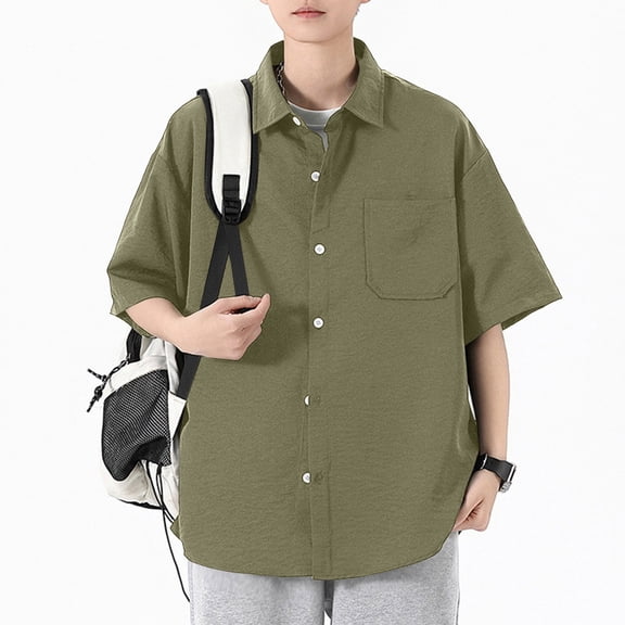 VgaVtl Mens Collared Shirt Elbow-Length Summer Oversized Button Solid Color Casual Mens Tops Everyday Breathable
