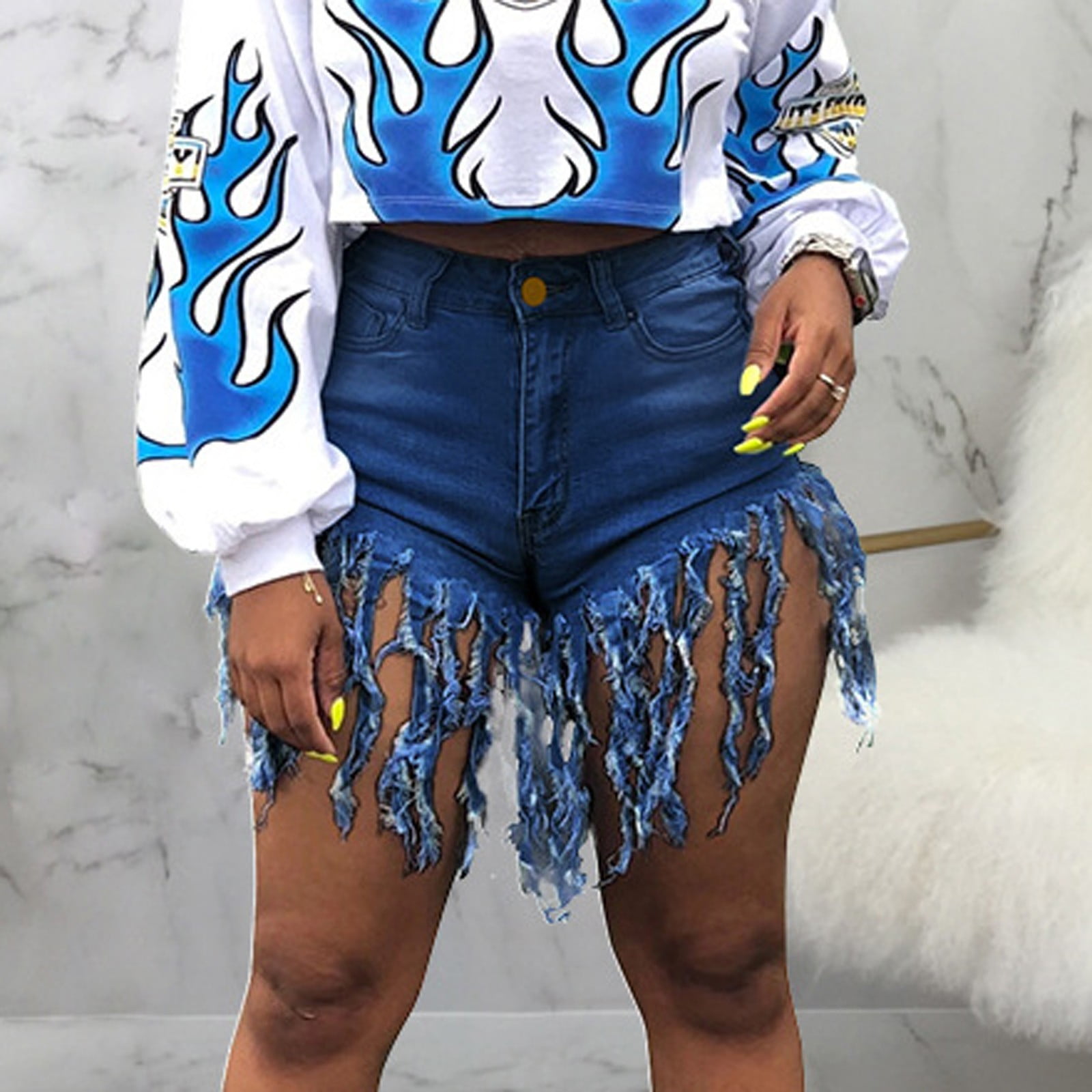 QATAINLAV Women Denim Shorts High Waisted Tassels Frayed Raw