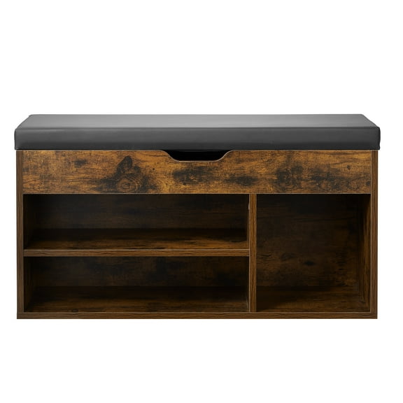 KFFKFF Entryway Shoe Bench, 31.7 x 12.0 x 17.5 Inch Storage Organizer with Lift-Top Compartment, 300lbs Capacity Bench with Cushion Seat and 3 Storage Sections for Hallway, Living Room, Bedroom