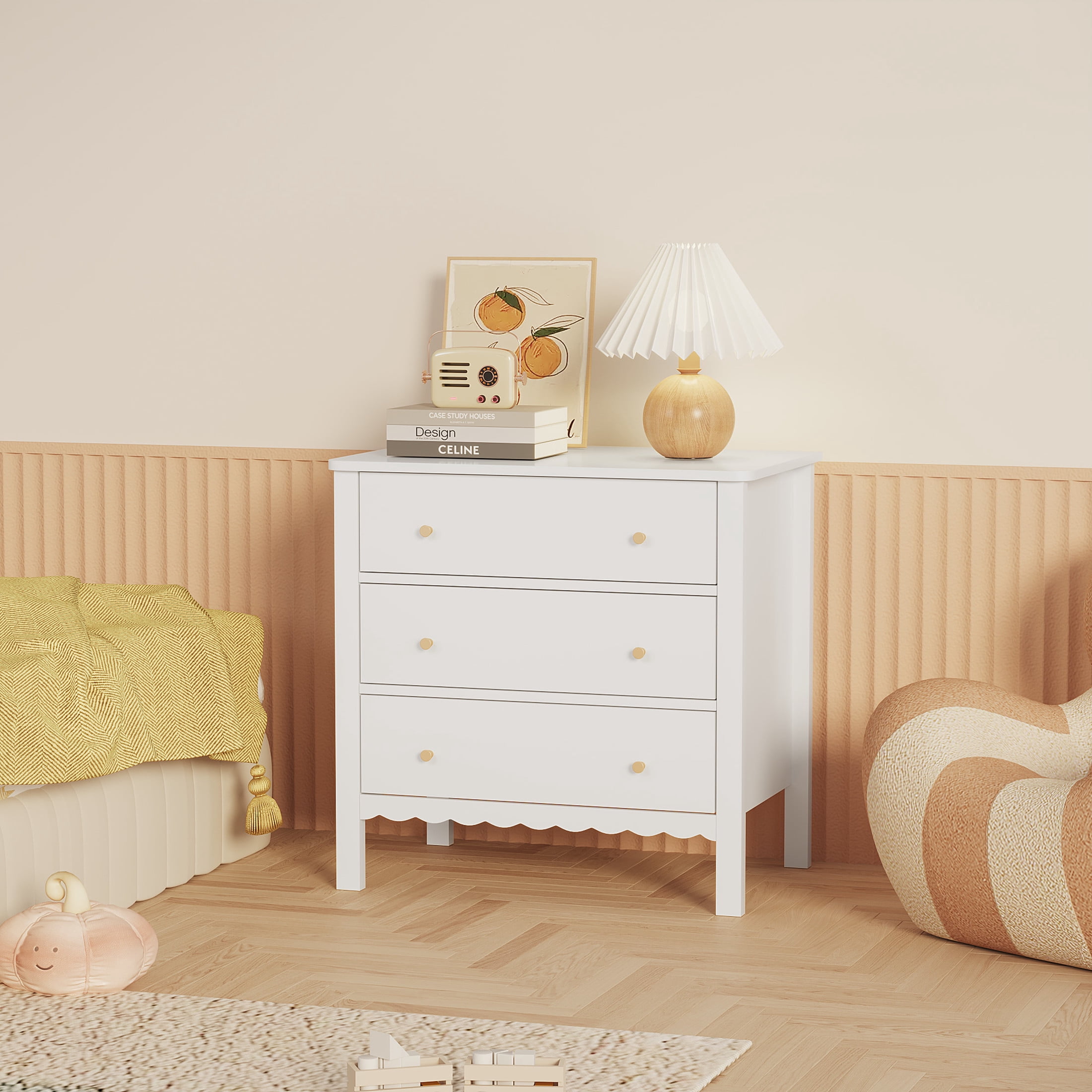 Noble House Modern 3 Drawer Dresser with Gold Knobs, Painted Wooden Storage Chest of Drawers for Nursery, White
