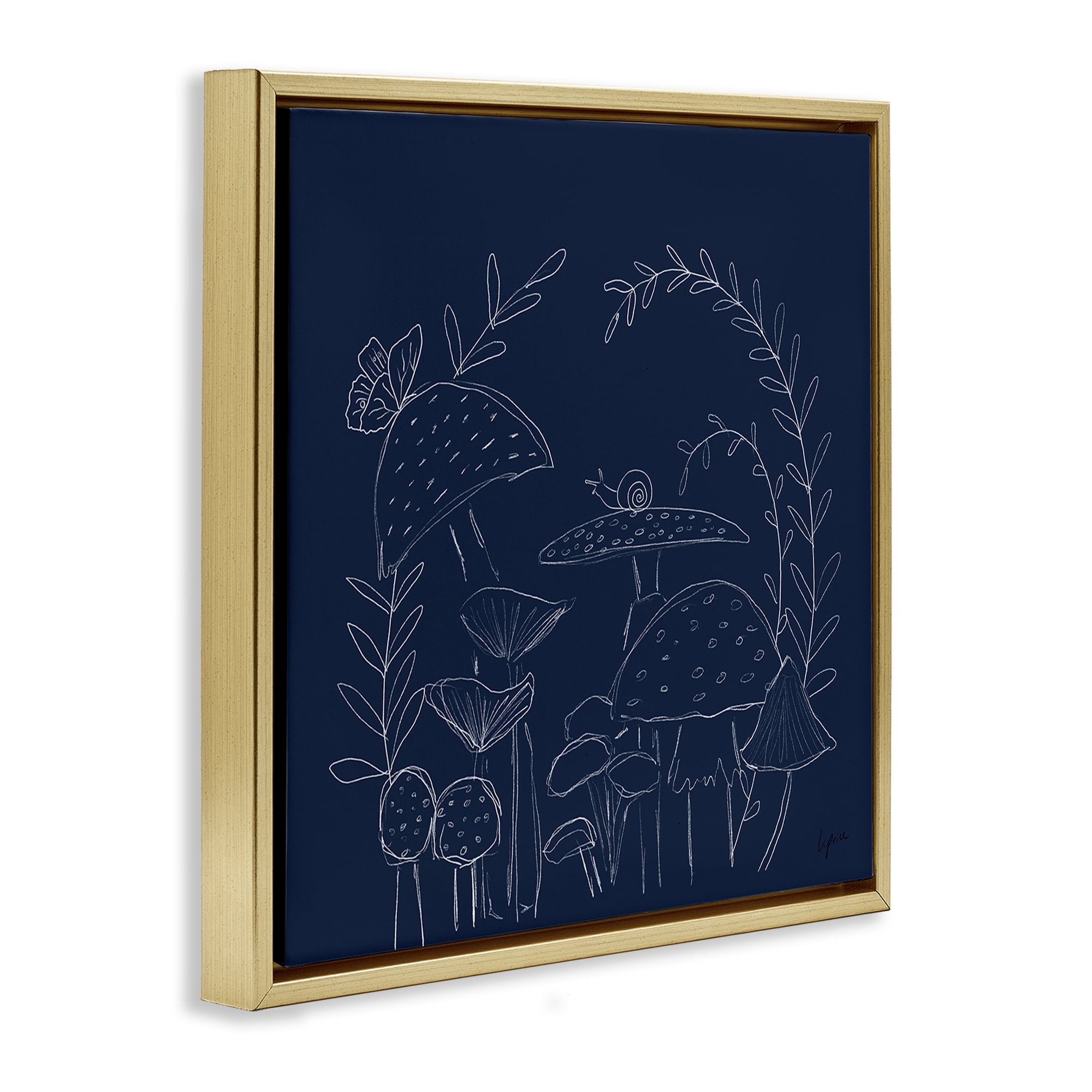 Stupell Industries Mushrooms on Blue Plants & Flowers Painting Gold Floater Framed Canvas Art Print Wall Art, 25 x 25