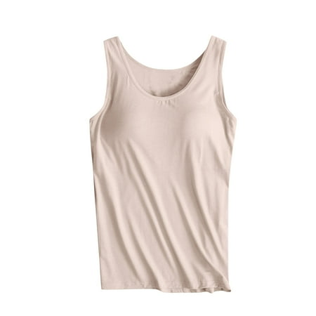 MIUOWANP Tank Tops with Built in Bra for Women Solid Color Loose Padded Camisole Without Rims And Cup Integr Beige L