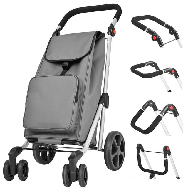 LEUYA ABC Chariot d'Épicerie, Chariot de Magasinage à 6 Roues, Chariot de Magasinage en Aluminium 46 L avec Sac Isotherme, Poignée Ajustable, Chariot de Magasinage Pliant (Gris)