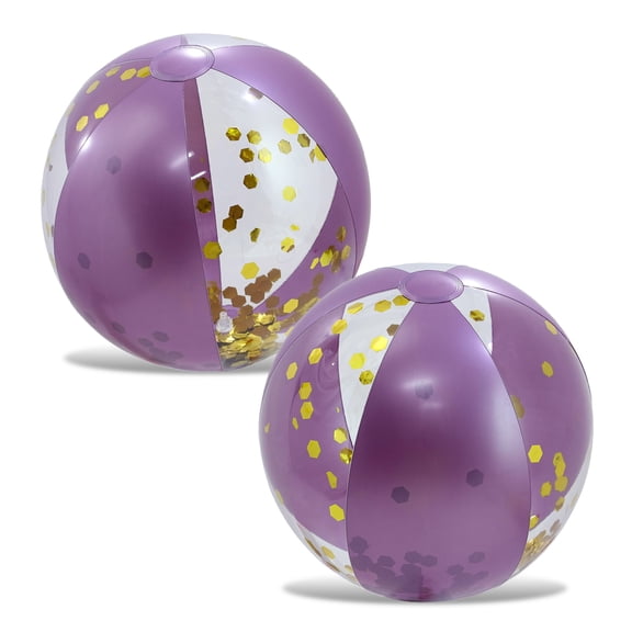 POZA Inflatable Children's Elegant Glitter Beach Toy Ball, PVC Vinyl Purple and Gold, 16'', 2 Pieces
