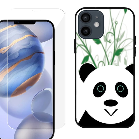 Slim-Fit Protective Phone Case (Black) compatible with iPhone 12 / iPhone 12 Pro, with Tempered Glass Screen Protector, by OneToughShield ® - Panda