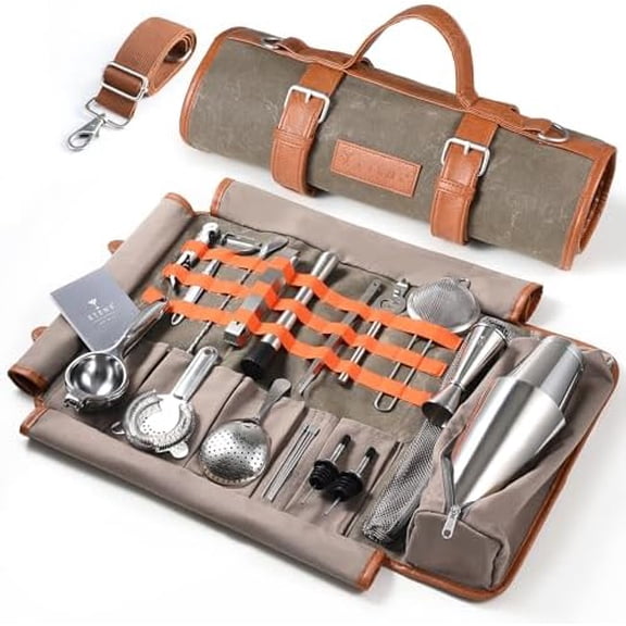 Travel Bartender Kit –22-Pc Bartending Kit: With Bar Tools, Waxed Canvas Bag, Professional Stainless Steel Tools Set – Standard Jigger, Unbreakable Squeezer – Home Decor
