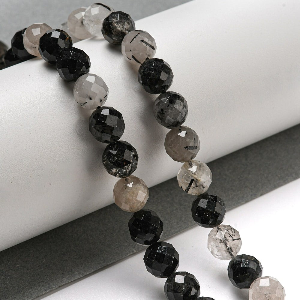 Natural Tourmalinated Quartz/Black Rutilated Quartz Beads Strands Faceted Round 8mm Hole: 0.8mm about 45~47pcs/strand 15''(38.1cm)
