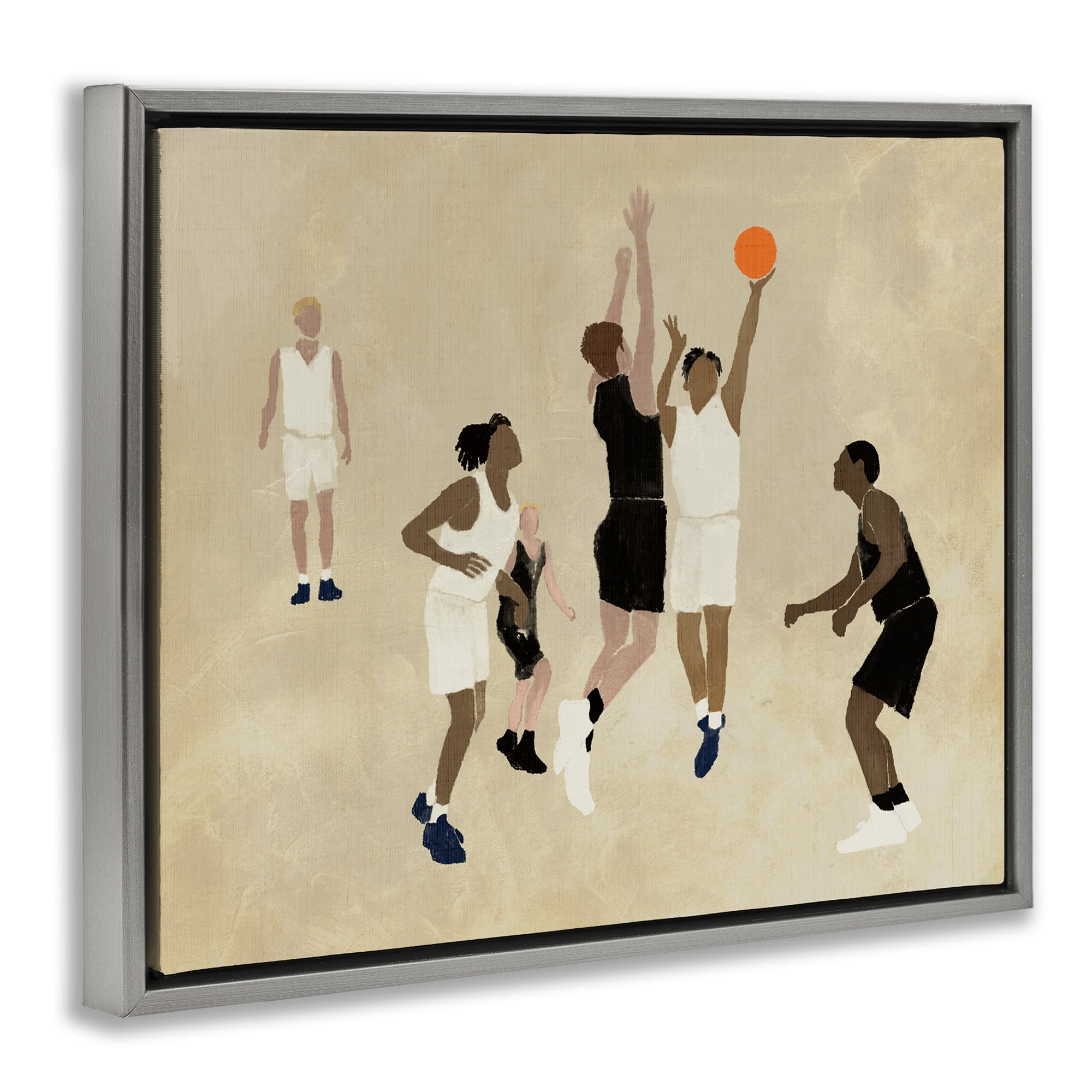 Stupell Industries Athletes Playing Basketball Sports Painting Gray Floater Framed Canvas Art Print Wall Art, 21 x 17