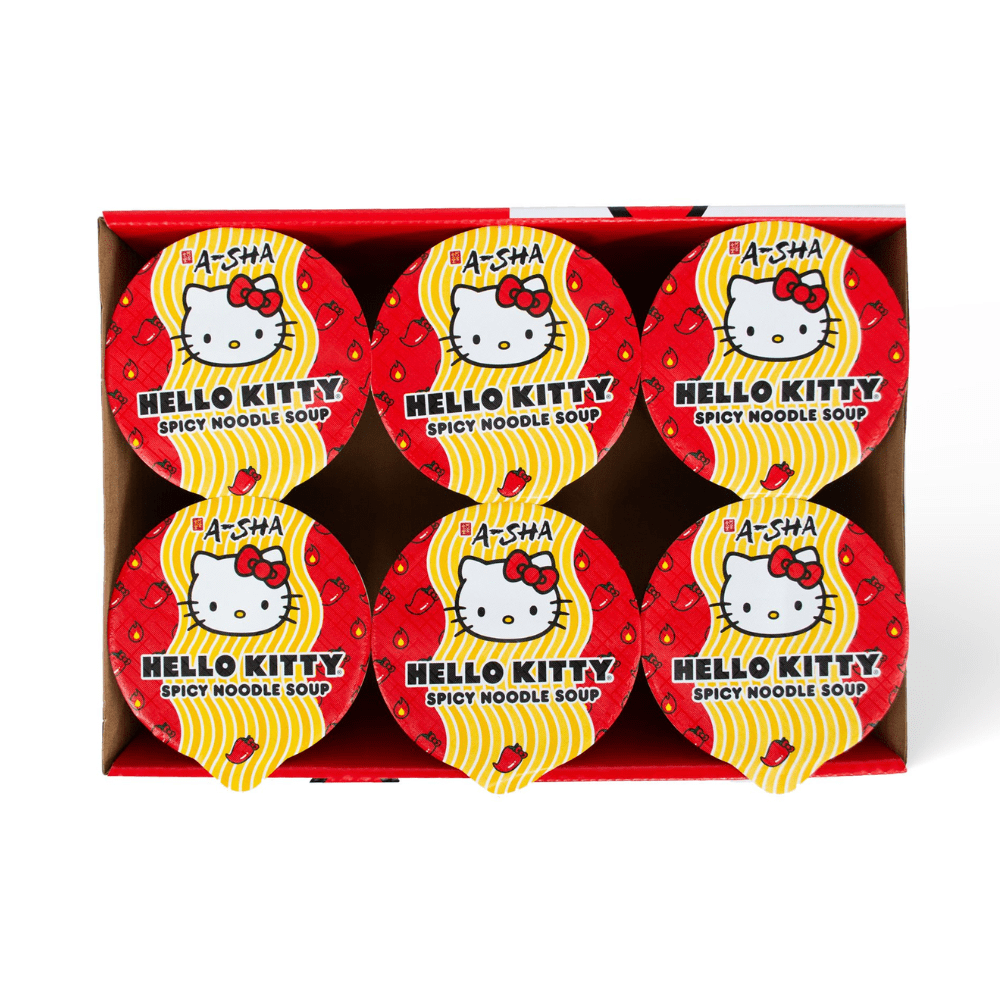 A-SHA Hello Kitty Instant Ramen Noodle Cup, 6 Pack Vegan Spicy Flavor, Premium Microwaveable Ramen Soup Mix