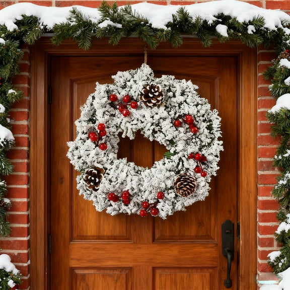 Peacheart 13 Inch Artificial Christmas Wreath, Snow Flocked Xmas Wreath with Berry Pine Cone for Indoor Outdoor Front Door Wall Window Hanging Decoration
