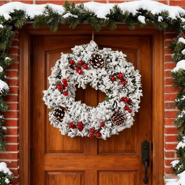 Fzsteel Handmade Christmas Wreath Decorations with Snowflakes and Ginkgo Nuts for Door and Window Holiday Decor