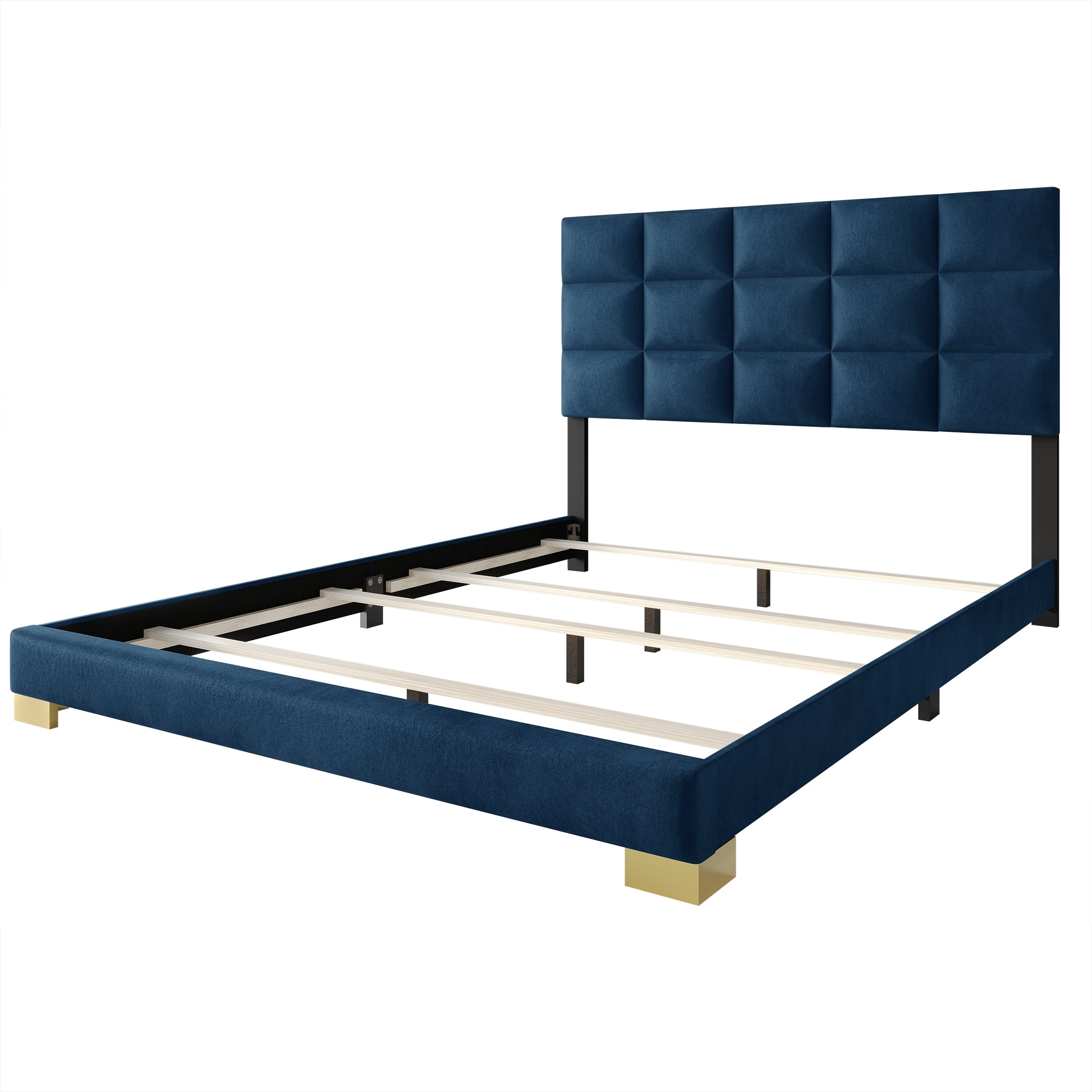 Castle Place Modern Elegance Velvet Upholstered Queen Bed, Navy Blue