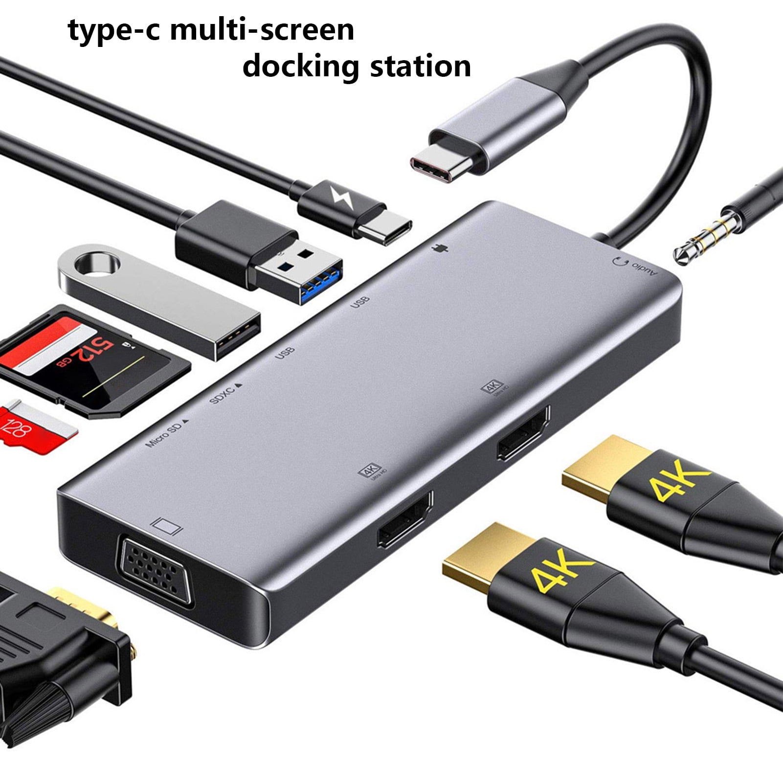 Prettyia 9-in-1 Type C Docking Station VGA Audio HDMI TF SD 3xUSB 3.0 Hub for Laptop