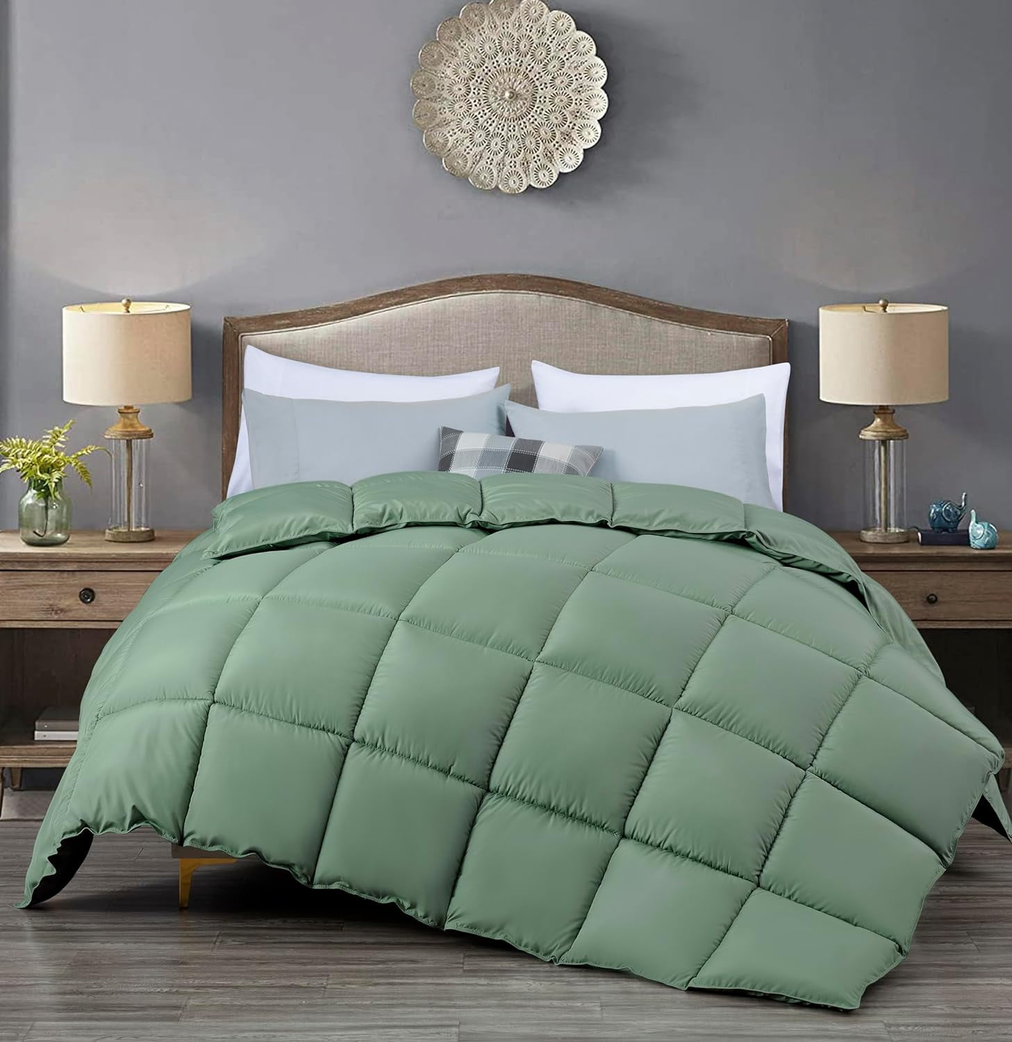 Chezmoi Collection All Season Queen Size Down Alternative Comforter - Plush Microfiber Fill - Box Stitch Quilted - Duvet Insert with Corner Tabs (Full/Queen, Sage Green)
