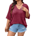 thumbnail image 2 of Camisetas con Cuello en V para Mujer, Blusas de Punto A Rayas de Media , Corte Holgado, Color Vino Tinto XXL, 2 of 8