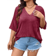 thumbnail image 2 of Camisetas con Cuello en V para Mujer, Blusas de Punto A Rayas de Media , Corte Holgado, Color Vino Tinto, Talla 5XL, 2 of 8