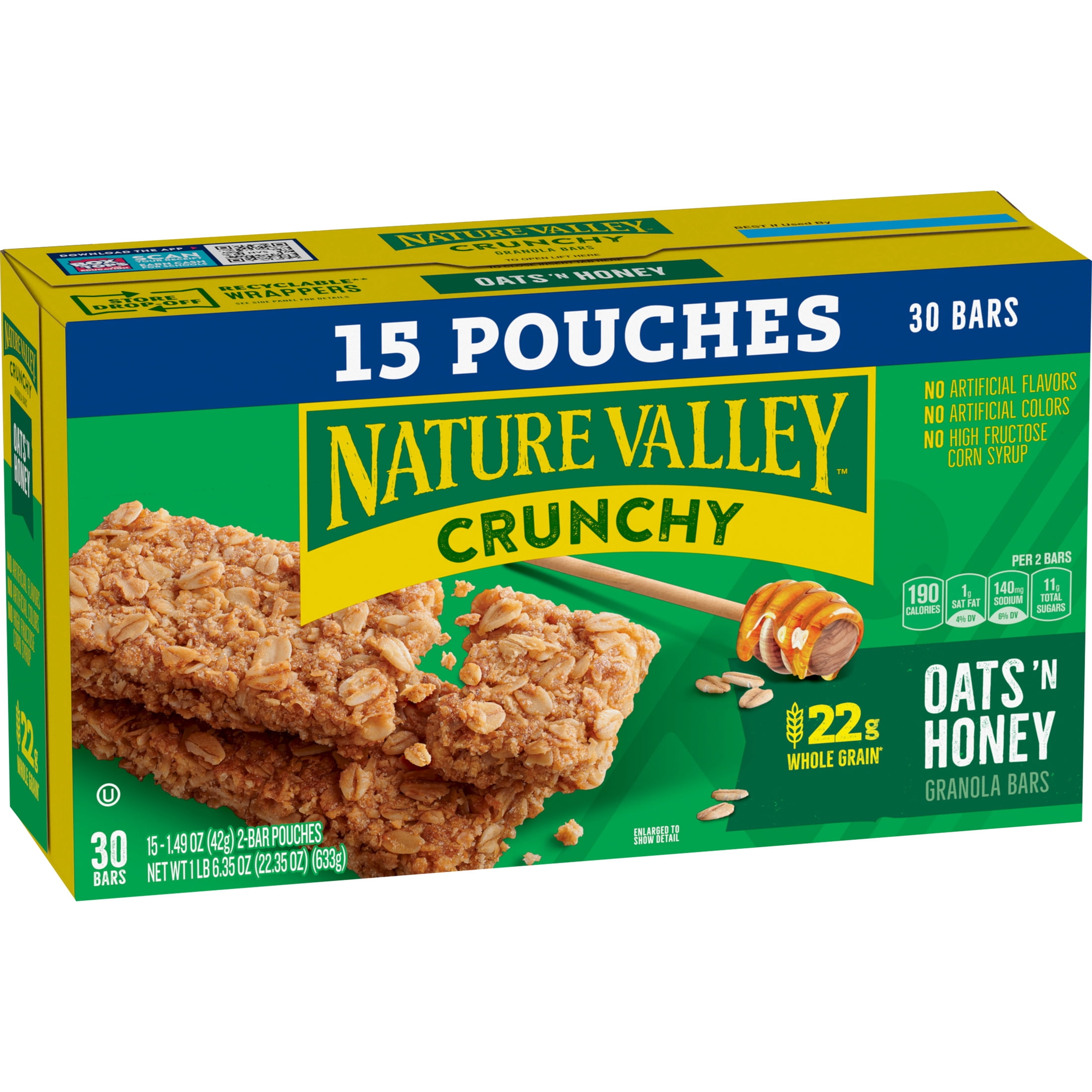 (6 pack) Nature Valley Crunchy Granola Bars, Oats 'n Honey, 30 Count, 22.35 oz (15 Pouches)