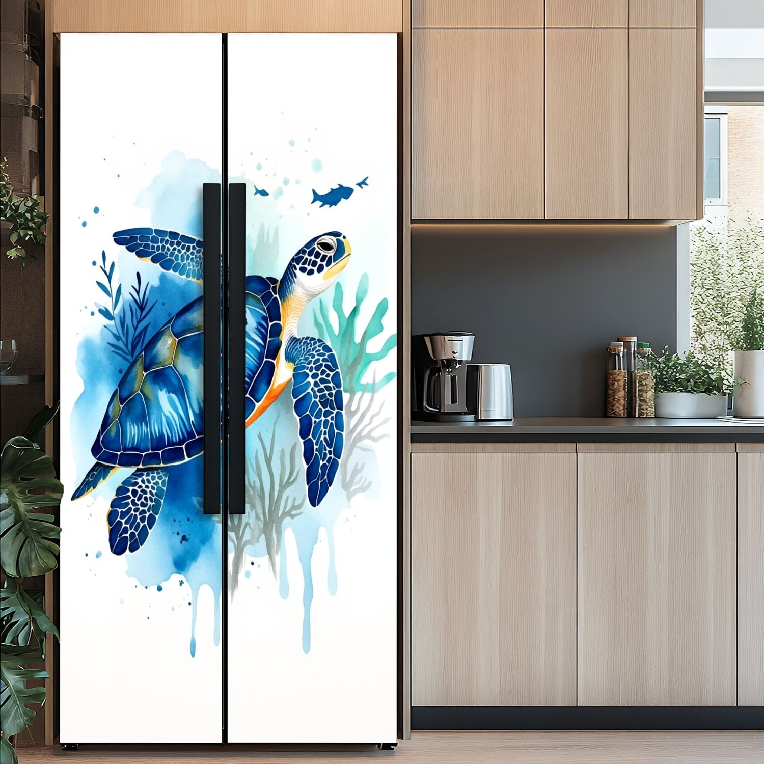 Self Adhesive Vinyl Refrigerator Wrap Set Ocean Blue Turtle Sea Pictures Coastal Print Painting Door Mural Removable Fridge Sticker Peel and Stick&nbsp;Full Door Cover Decal Kitchen Bar Decor
