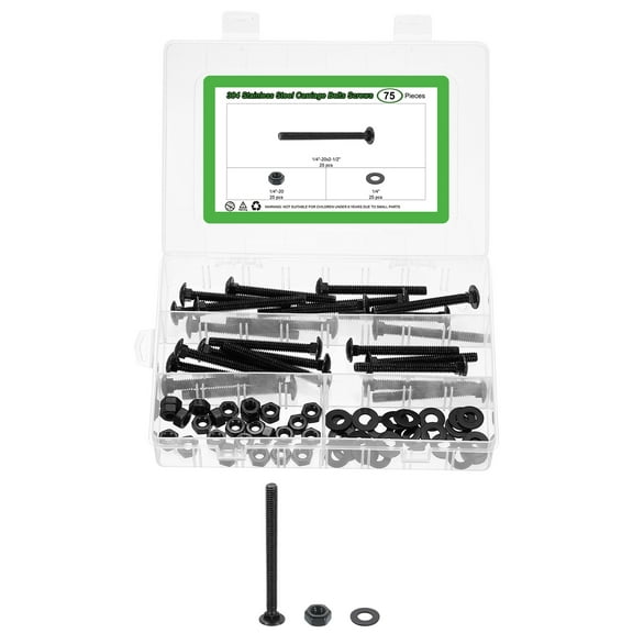 25 Set Carriage Bolts and Nuts Kit, 1/4"-20x2-1/2" Stainless Steel 304 Round Head Square Neck Carriage Bolts Screws and Hex Nuts and Flat Washers - Black