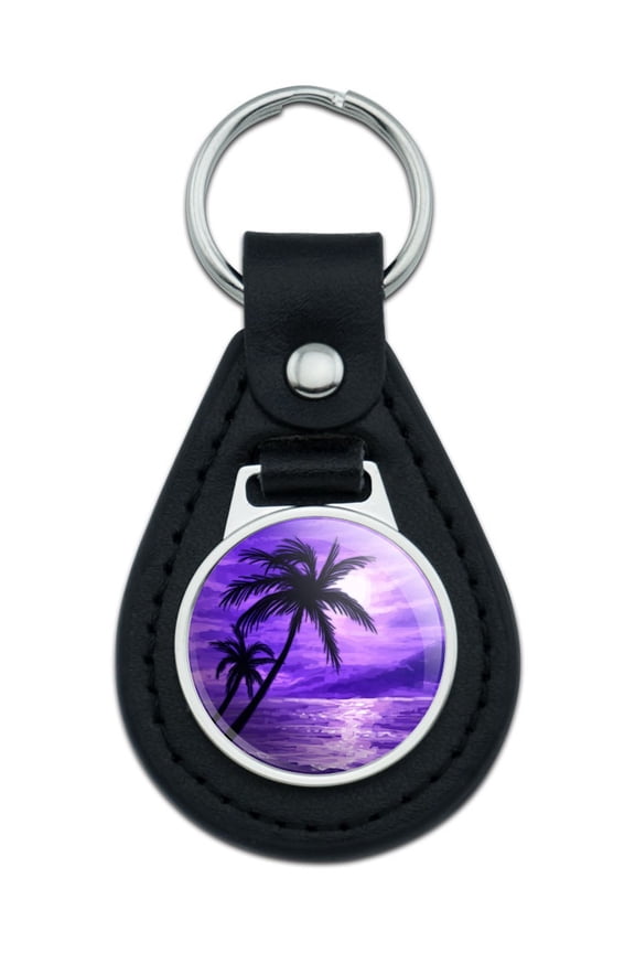 Sunset Beach Palm Tree Hawaii Paradise Purple Black Leather Keychain
