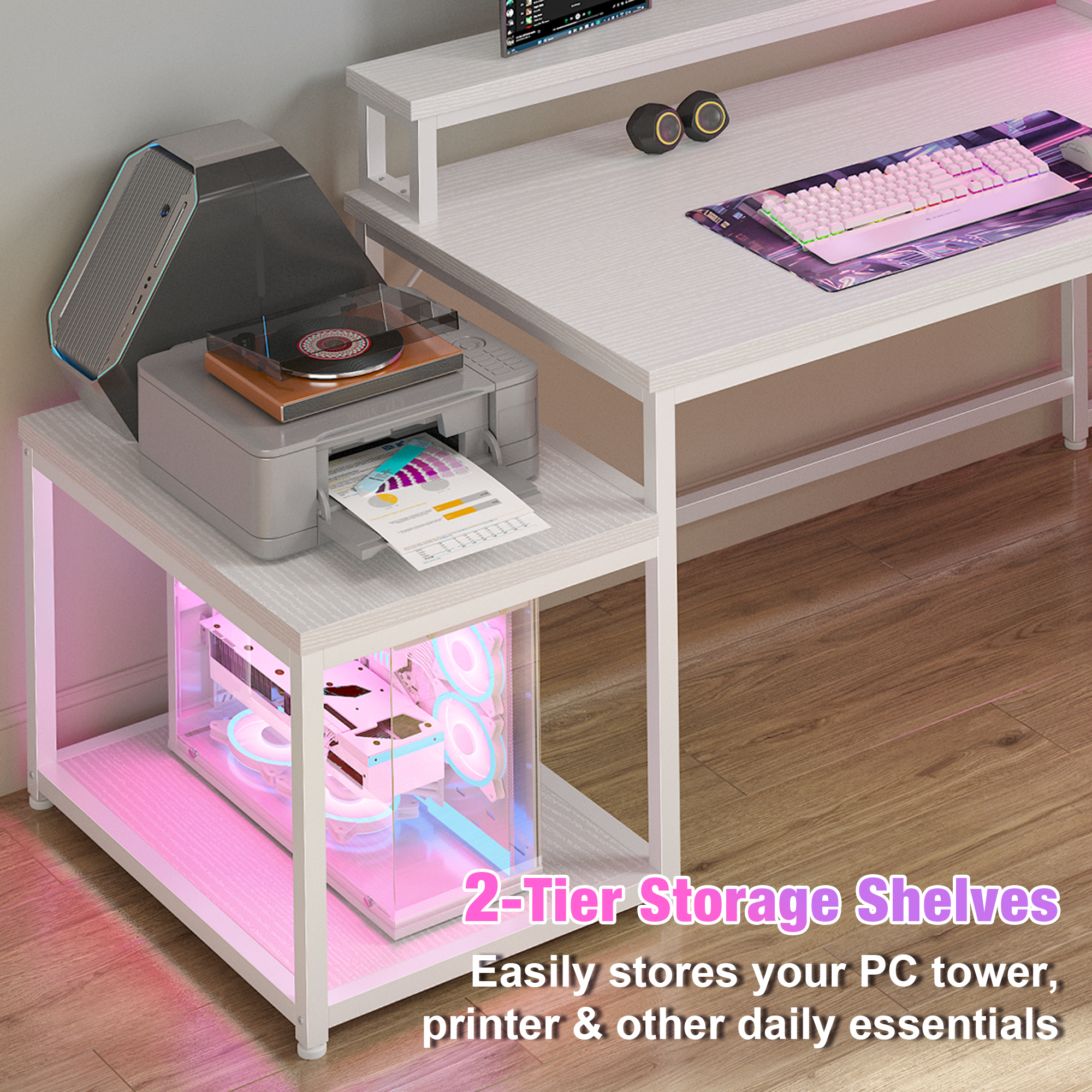 Enhomee  L Shaped Desk Gaming Desk with LED Light & Power Outlet 63 Inch Reversible L Shaped Computer Desk with Long Monitor Stand & Storage  Shelf, Corner Desk for Home Office Desk, White