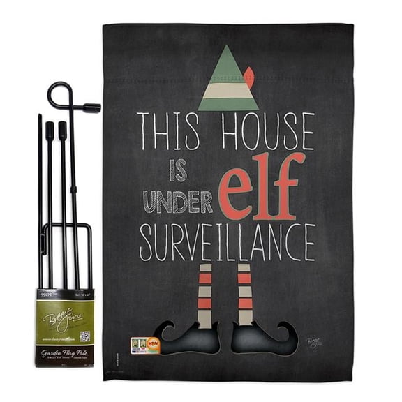 Breeze Decor BD-XM-GS-114166-IP-BO-D-US18-SB 13 x 18.5 in. Elf Surveillance Winter Christmas Impressions Decorative Vertical Double Sided Garden Flag Set with Banner Pole