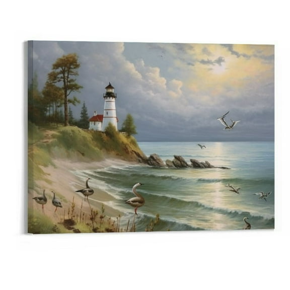 Creowell Ocean Coastal Seascape Painting Lighthouse Canvas Wall Art Summer Blue Natural Scenery Picture Modern Artwork Framed for Bathroom Living Room Bedroom Dinning Room Home Office Decor 20"X16"in
