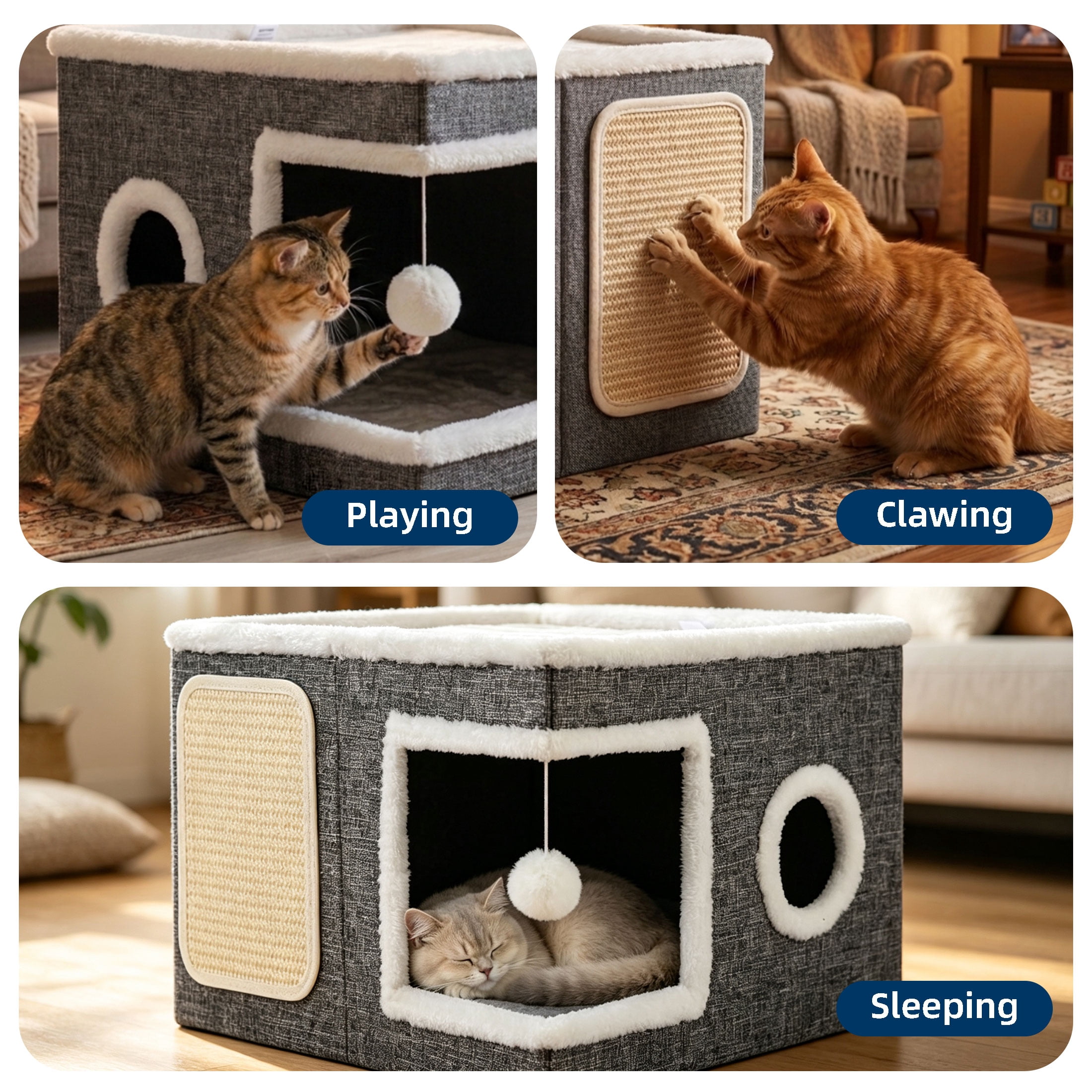 GARITIN Cat Cube House with Sisal Scratcher, Plush Cat Bed & Dangling Toy Ball for Indoor Cats