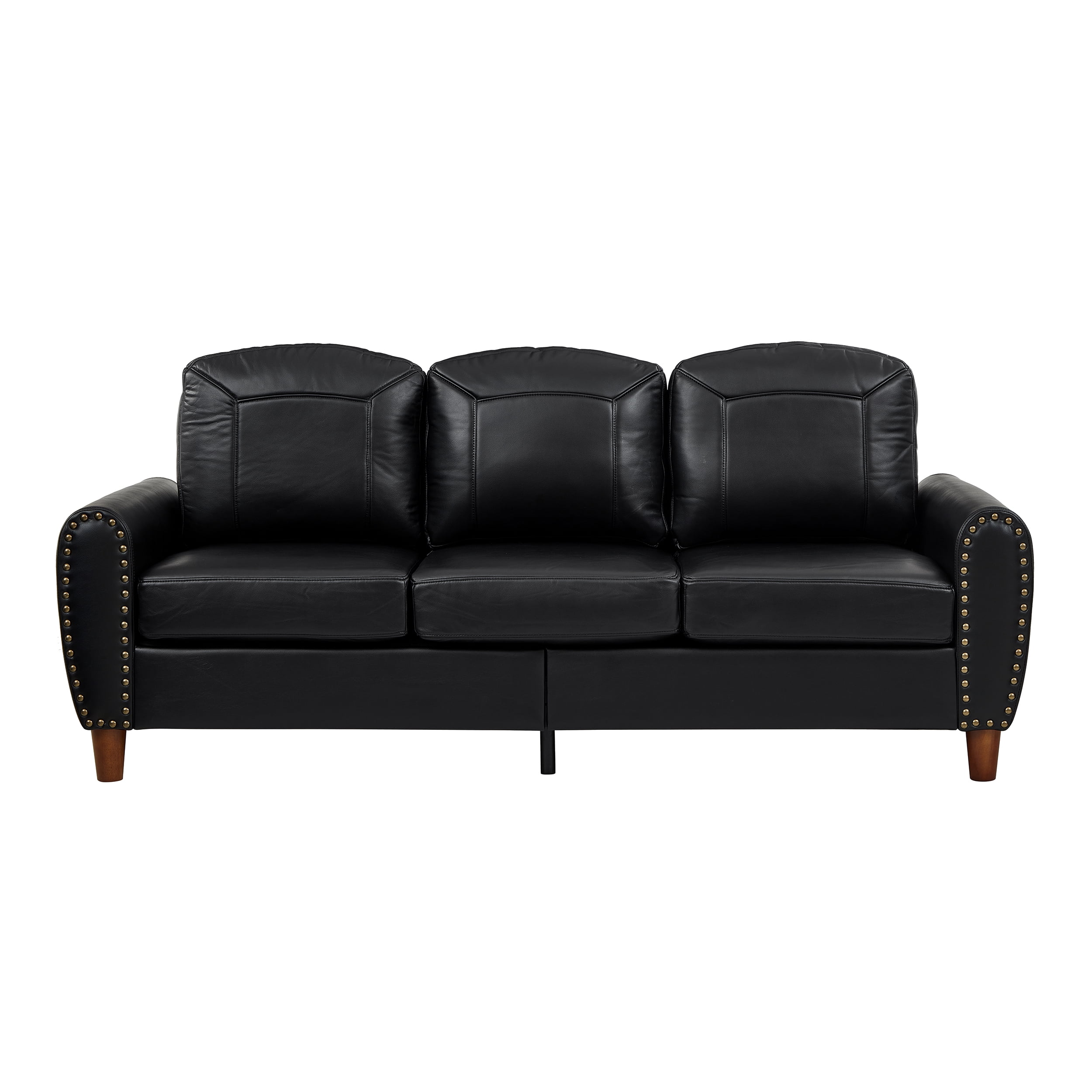 Mid-Century Modern Faux Leather 3-Seater Sofa,81.5"W Classic Rolled Arm Sofa Couch with Brass Nailhead Trim & Solid Wood Legs,Apartment,Living Room,Black