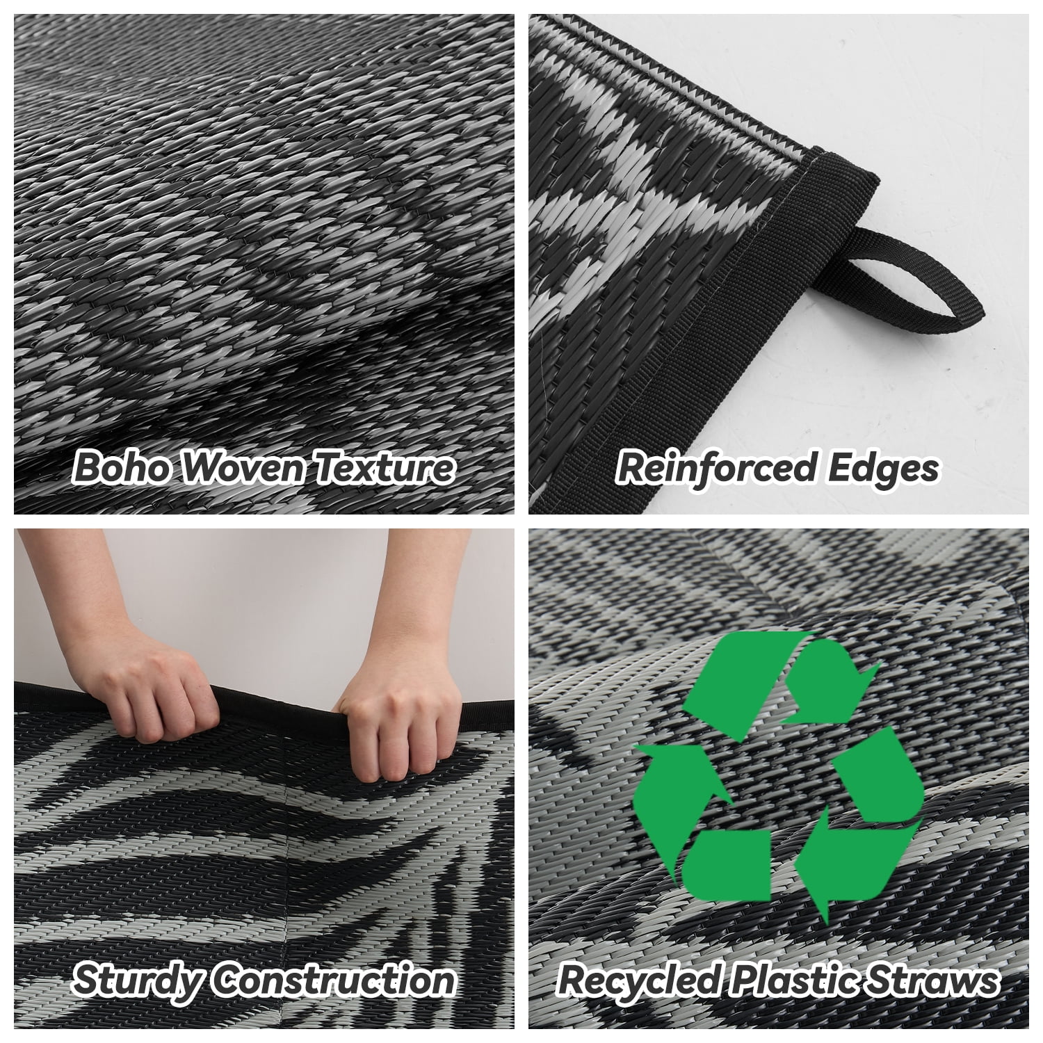 VUNATE Outdoor Rug with LED Strip Lights 10'x14' Waterproof Reversible Patio Rug Plastic Straw Lightweight Indoor Outdoor Rug for RV Camping Deck Balcony Tropical Porch Decor Dark Gray and Black