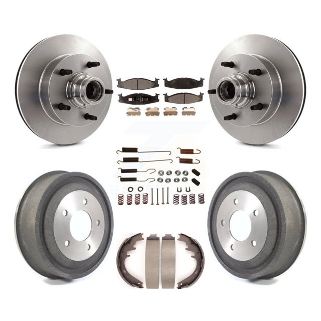 Transit Auto Front Rear Disc Brake Rotors Hub Assembly Semi-Metallic Pads and Drum Kit (7Pc) for Car 2000-2001 Ford E-150 Econoline 2-Wheel ABS K8F-102166