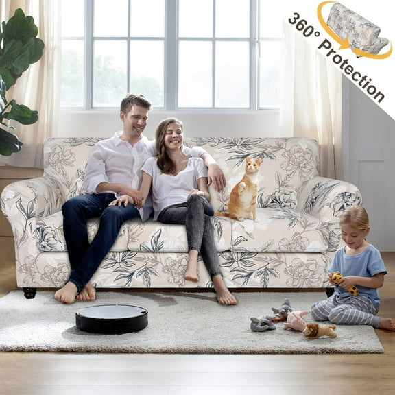 Sofa Cover Couch Covers, 4 Pieces Sofa Slipcover with 3 Separate Cushion Covers Stretch Soft Furniture Protector for Living Room Couch Cover for Pets Kids(Sofa, Beige Flower)