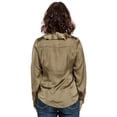 thumbnail image 2 of Miss Halladay women Olive Satin Blouse Adjustable Long Sleeve Cascading Collar Cargo Pocket, 2 of 3