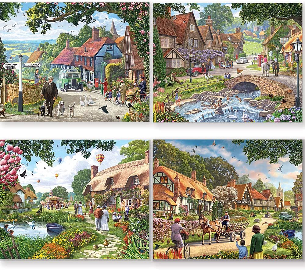 Village Life Series by Steve Crisp: 4-in-1 Color Posters, 300-Piece Jigsaw Puzzles, Ages Appropriate