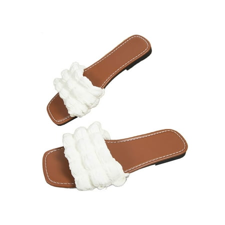 

SIMANLAN Women s Flat Sandals Summer Slide Shoes Beach Slides Ladies Fashion Sandal Womens Square Toe White 8.5