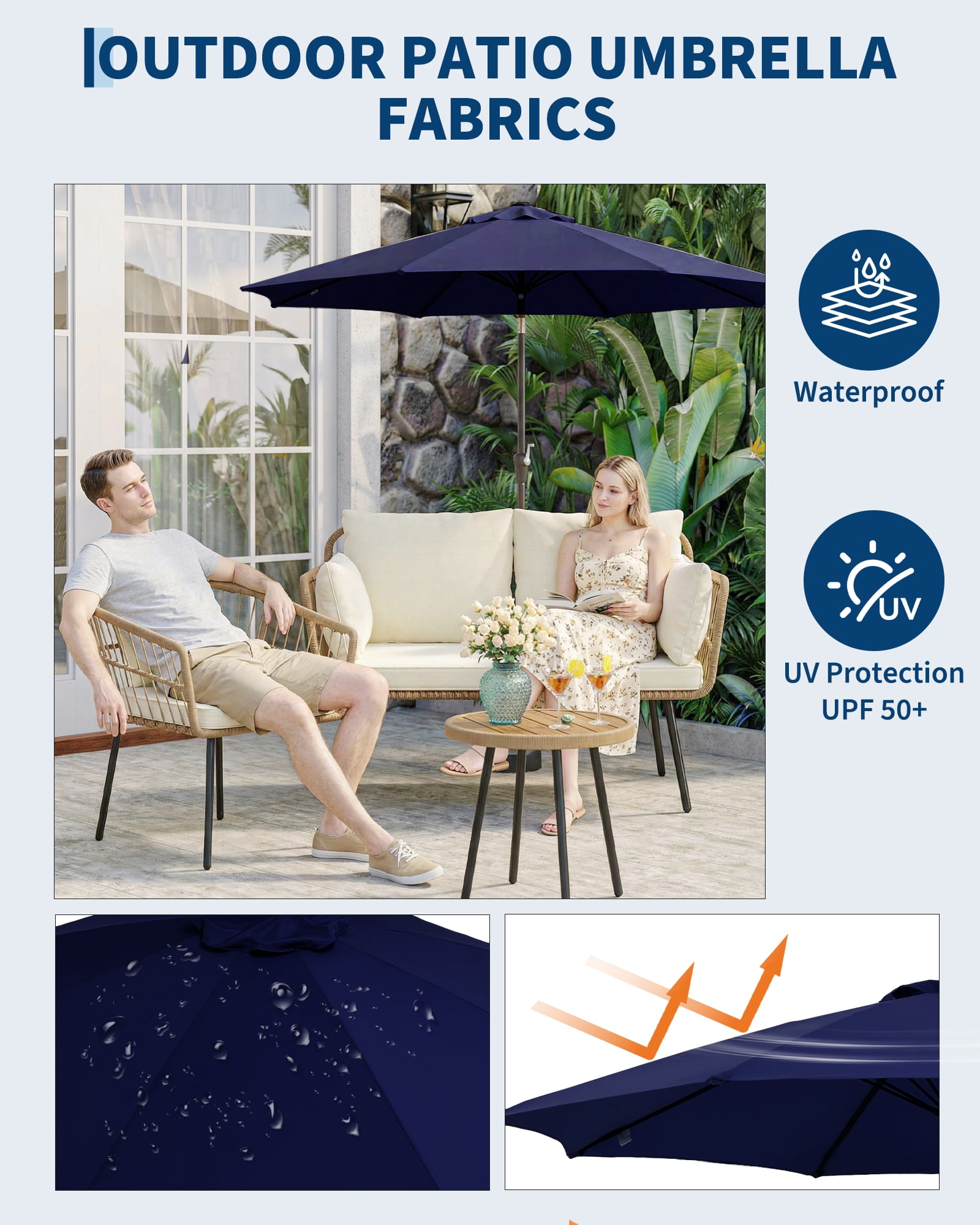 SOLLED 10FT Patio Umbrella with Push Button Tilt & Crank, Outdoor Market Table Umbrella with 8 Ribs for Garden Backyard Deck Pool,Navy Blue
