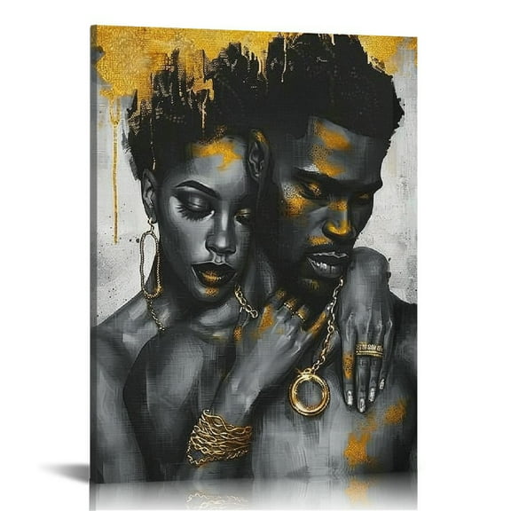 JRXY African American Black Woman and Man Canvas Wall Art Sweet Love Couple Picure Prints Gallery Wrapped Artwork Ready to Hang for Living Room Bedroom Decoration 12x16 in