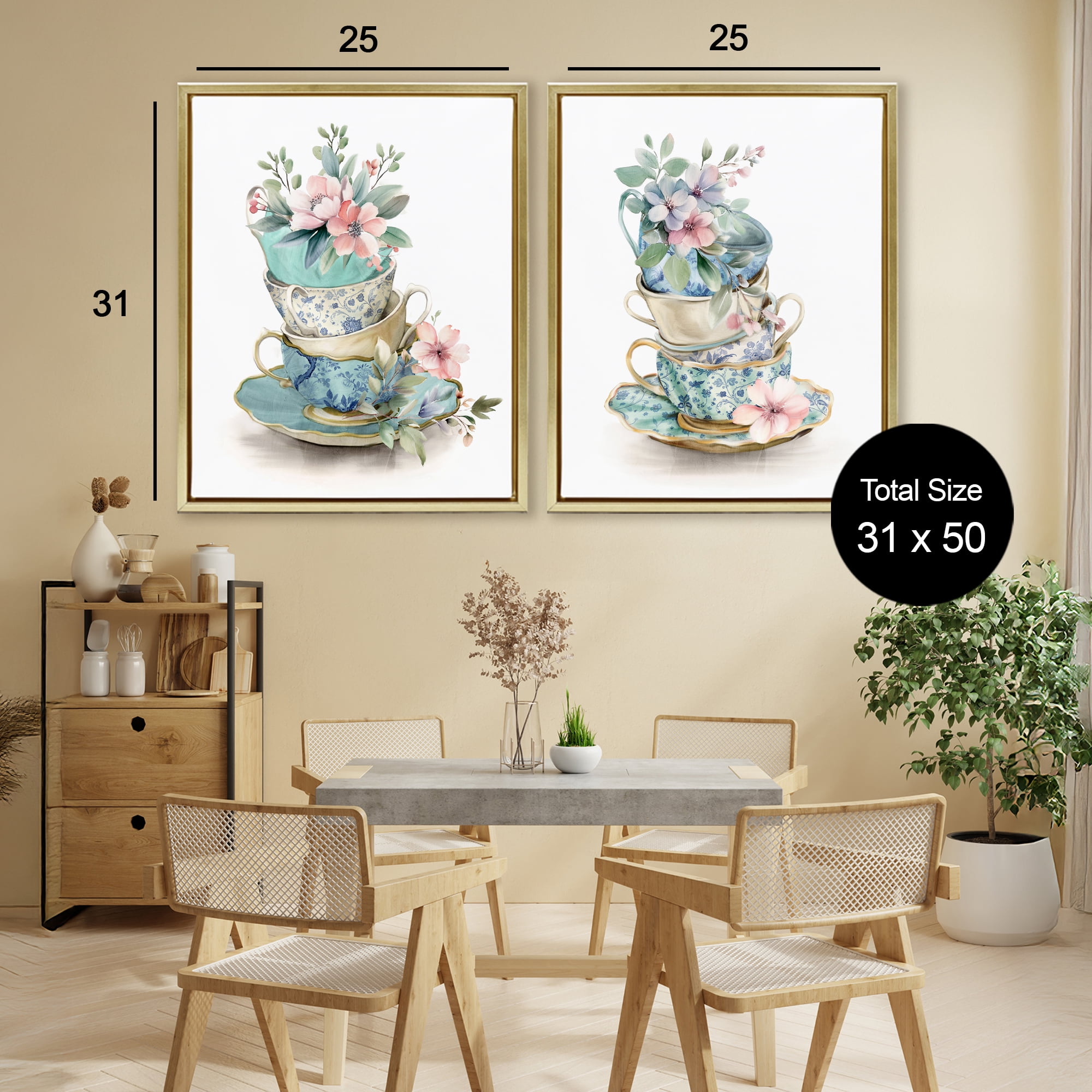 Stupell Industries Stacked Teacup Chinoiserie 2 Piece Gold Framed Floater Canvas Set, design by Kim Allen